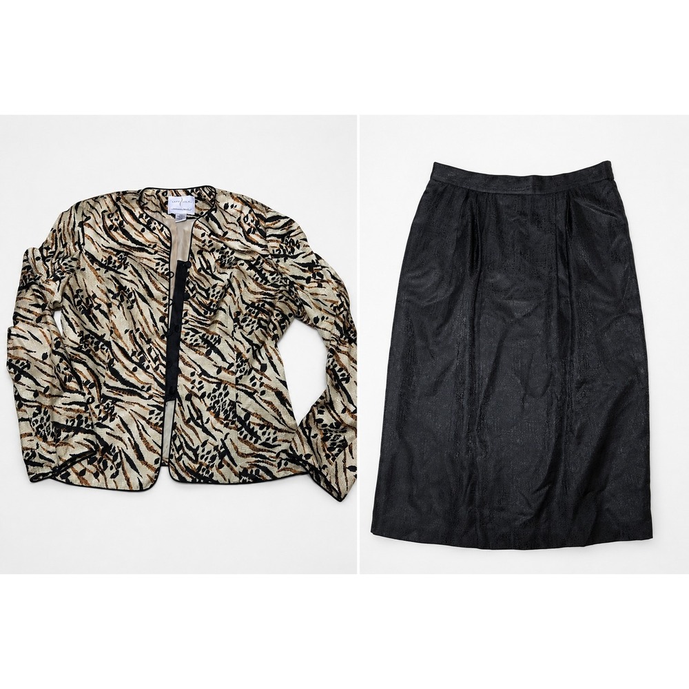 Adrianna Papell Safe Silk 2 Piece Silk Skirt Suit‎ Animal Print Jacket & Skirt